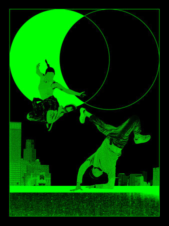 Night battle. Dynamic urban street dancers performing in neon green cityscape. Brutalist collage.