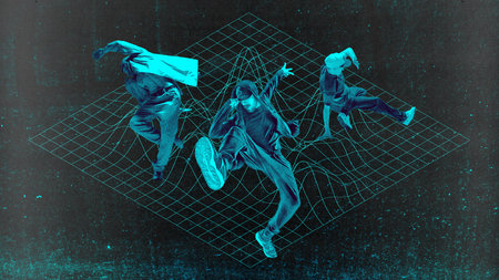 Neighborhood rhythms. Group of dancers in brutalist neon abstraction representing collective rhythm.