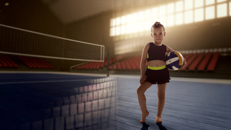Young girl standing confidently with volleyball in indoor court setting. Youth empowermentの写真素材