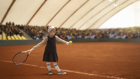 Young girl preparing to serve tennis ball on clay court with large spectator crowd. Youth sportsの写真素材