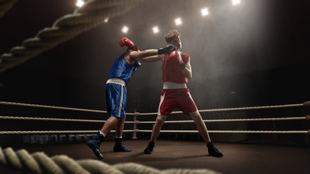Boxing match in dimly lit 3D arena with fighters exchanging punches under bright overhead lights