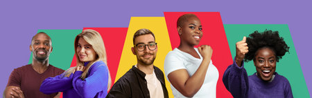 Portraits of happy diverse team with positive energy and confidence. Workplace training. Bannerの写真素材