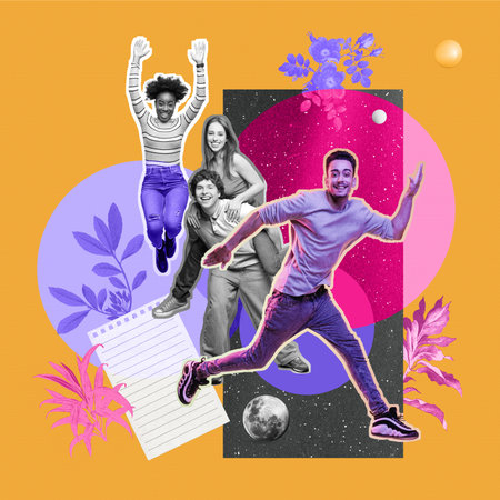 Energetic group of young diverse people in abstract scene with cosmic elements and plantsの写真素材