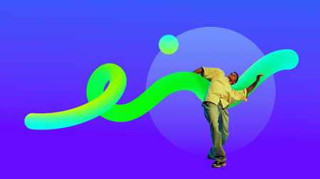 Noise inside. Hip-hop dancer interacting with vibrant 3D gradient swirl on colorful background.