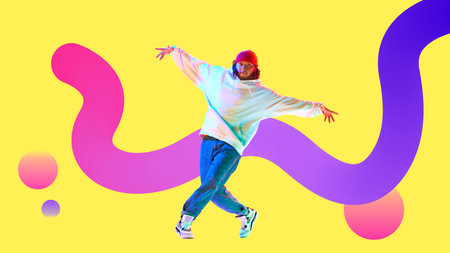 Hip-hop dancer in vibrant 3D gradient design jumping with colorful background. Bold poster, flyerの写真素材