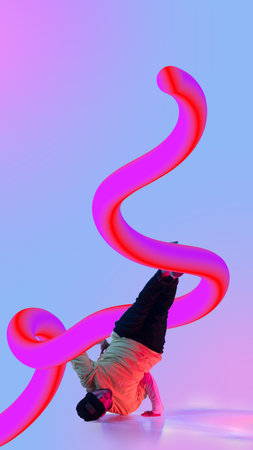 Male break-dancer balancing under vibrant pink 3D gradient swirl against soft blue background