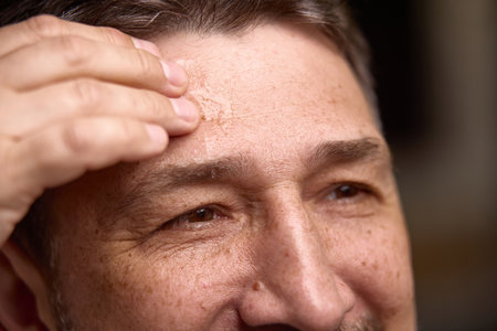 Beauty and aging. Mature man applying skincare product to forehead, close-up shotの写真素材
