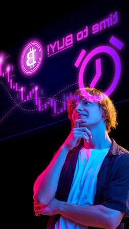 Young trader contemplating bitcoin investment with futuristic neon cryptocurrency graphicsの写真素材