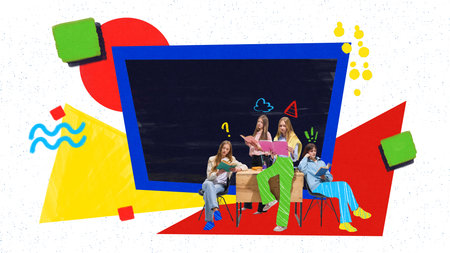 Bright collage. Group of students sitting together with books against colorful abstract background