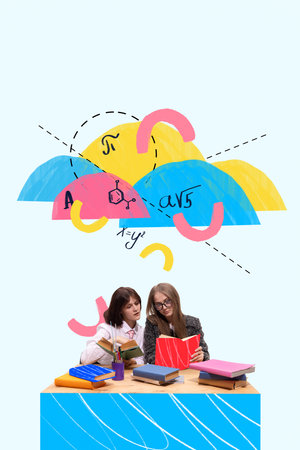 Bold visual mashup. Two students studying with colorful books and math formulas on bright backgroundの写真素材