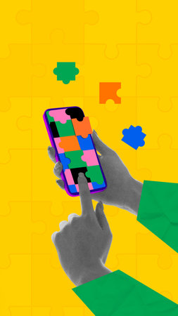 Bold colorful poster. Smartphone with puzzle pattern held by two hands on yellow background