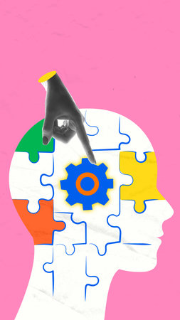 Abstract collage. Human head made of puzzle pieces with hand pointing at gear
