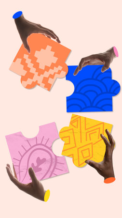 Stylized digital collage. Four hands holding colorful patterned puzzle piecesの写真素材