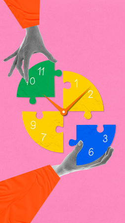 Collage of puzzle pieces forming a colorful clock with handsの写真素材