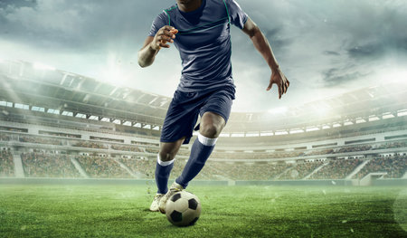 Soccer player dribbling ball on 3D field in full stadium during day matchの写真素材