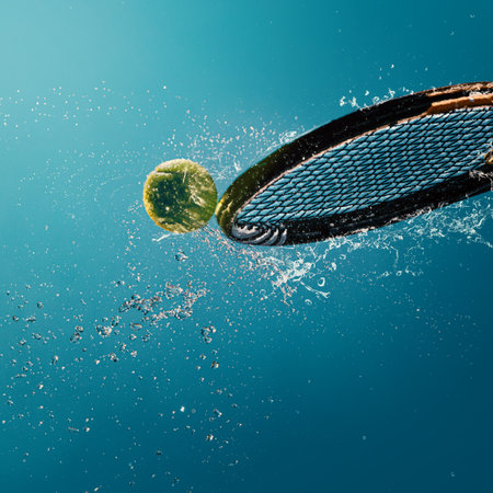 Tennis ball hitting racket with water splash on blue backgroundの写真素材