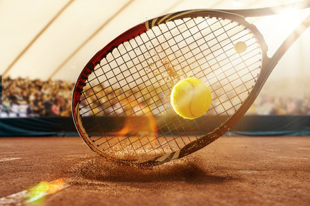 Tennis ball bouncing off racket on 3D clay court with crowd in backgroundの写真素材