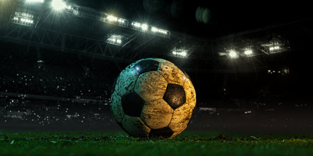 Dirty soccer ball on 3D stadium field under night lightsの写真素材