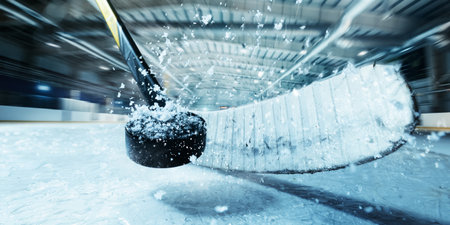 Close-up of hockey stick hitting puck on ice during fast action in indoor 3D rinkの写真素材