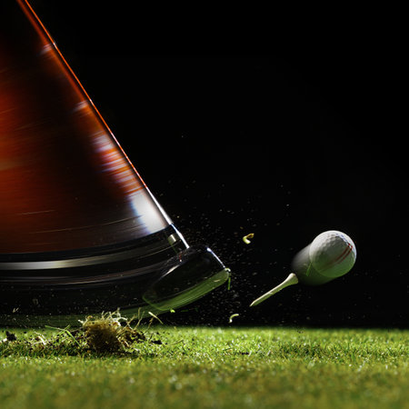 Golf driver striking ball with force during swing under strong lighting on grassの写真素材