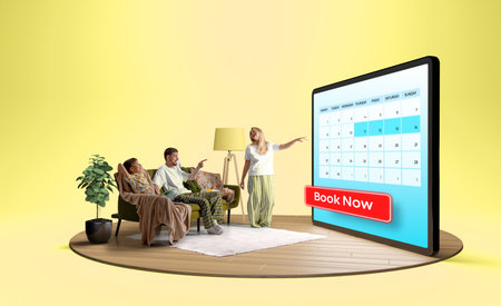 Family booking a vacation online from the comfort of home. 3D island compositionの写真素材