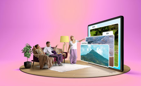 Family choosing dream travel destination via digital interface. 3D island compositionの写真素材