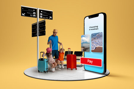 Family at airport using mobile app to choose a beach vacation. 3D island compositionの写真素材