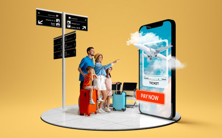 Family booking flight tickets on giant smartphone at the airport. 3D island compositionの写真素材