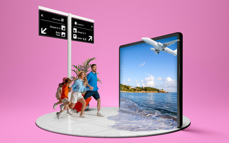 Family excitedly rushes toward a large screen showing a beach. 3D island compositionの写真素材