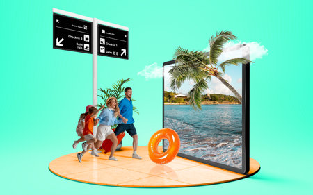 Family jumping into vacation through large screen with tropical scenery. 3D island compositionの写真素材