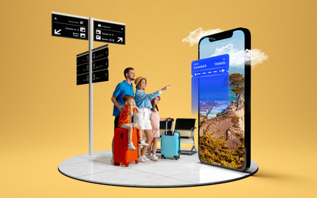 Family exploring travel destinations through giant phone. 3D island compositionの写真素材