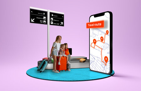 Mother and kids planning route with navigation app on a large phone. 3D island compositionの写真素材