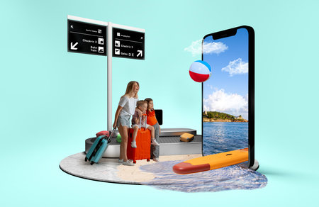 Family ready for beach adventure via digital vacation portal. 3D island compositionの写真素材