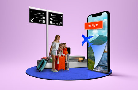 Mother with children using mobile app for fast flight booking at baggage claim. 3D island compositionの写真素材