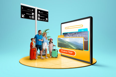 Family planning trip with digital vacation options on large smartphone screen. 3D island compositionの写真素材