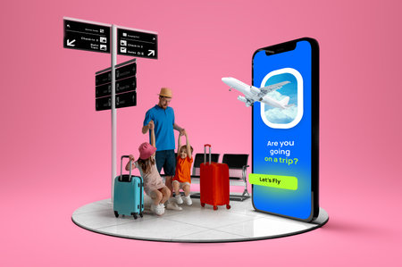 Father with kids at airport looking at flight booking app with airplane. 3D island composition.の写真素材