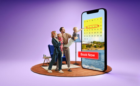 Family booking vacation online with big smartphone calendar interface. 3D island compositionの写真素材