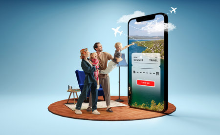 Family planning flight route with big digital travel interface. 3D island compositionの写真素材