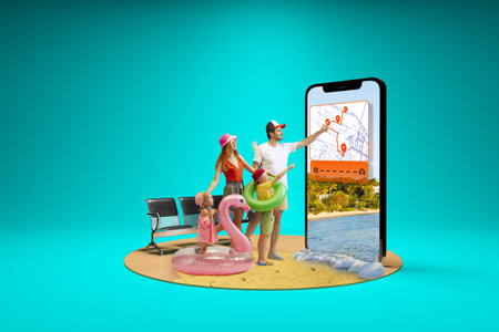 Family checking vacation map on large smartphone before beach trip. 3D island compositionの写真素材