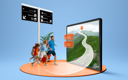 Family starts mountain hike following route on large digital display. 3D island compositionの写真素材