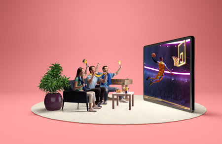 Group of friends watching basketball game on large screen in cozy room, in 3D island compositionの写真素材