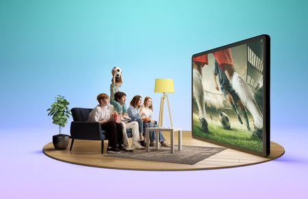 Family enjoying soccer match on big screen at home with excited children. 3D island compositionの写真素材