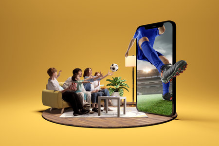 Family watching immersive soccer game on huge smartphone screen at home. 3D island compositionの写真素材