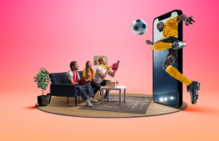 Excited soccer fans watching a player leap from mobile screen. 3D island compositionの写真素材
