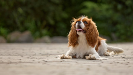 Cavalier King Charles spaniel relaxing on sunlit stony path with lush green foliage in backgroundの写真素材