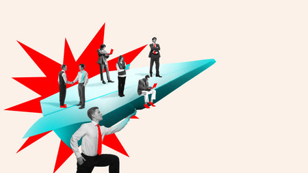 Modern composition. Group of business people standing on large paper plane