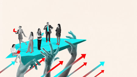 Cutout art. Group of businesspeople standing on paper plane held by handsの写真素材