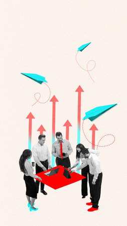 Surreal composition. Group brainstorm around red table with flying paper planes