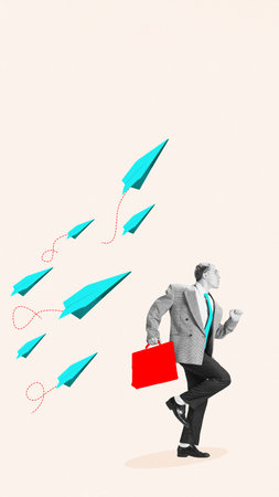 Digital art. Businessman with briefcase surrounded by flying paper planesの写真素材