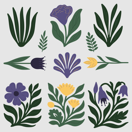 Set of stylized floral decorative elements with leaves and flowers in green yellow and purpleのイラスト素材